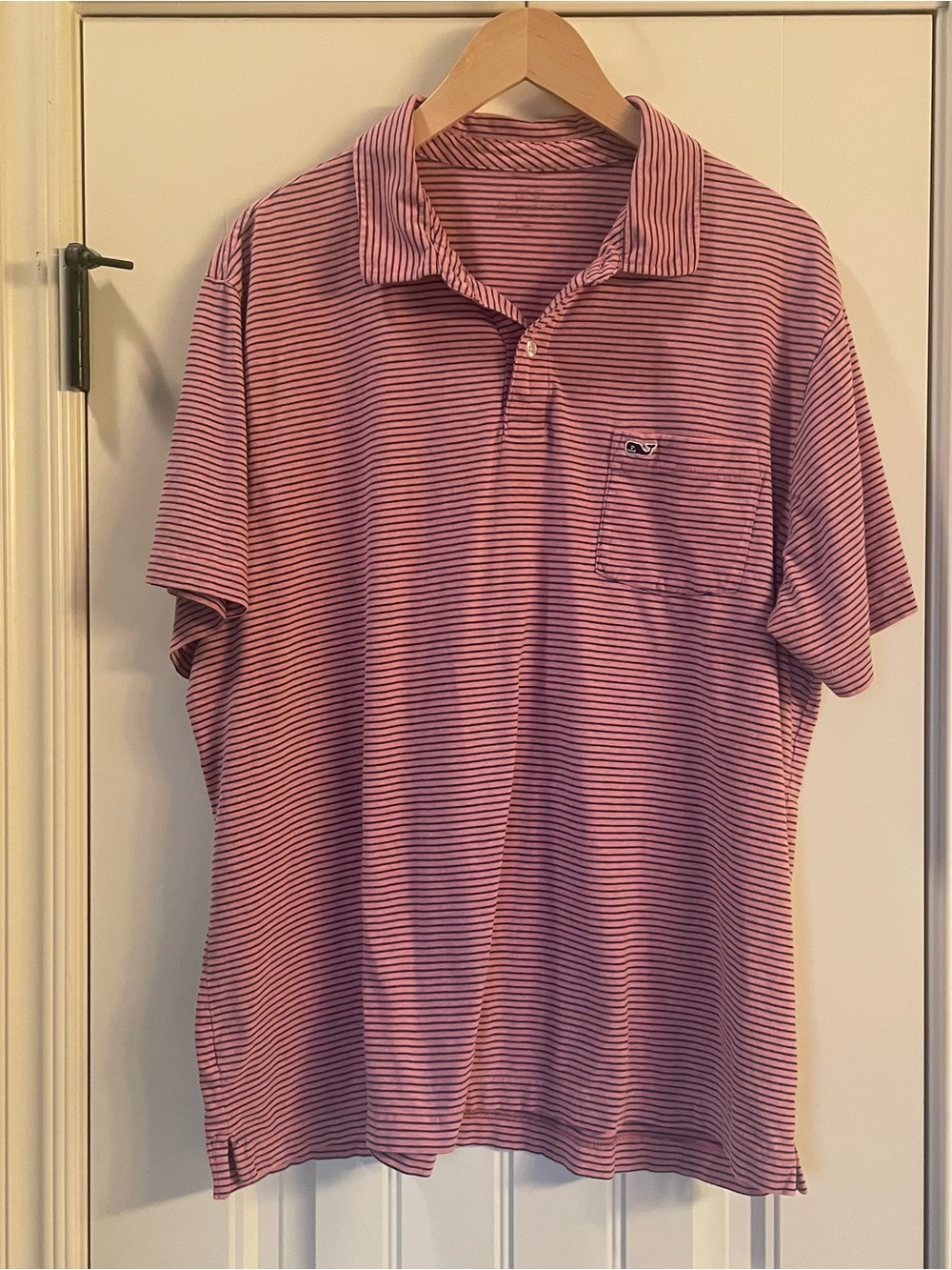 Vineyard Vines Pink and Navy Thin-Striped Polo